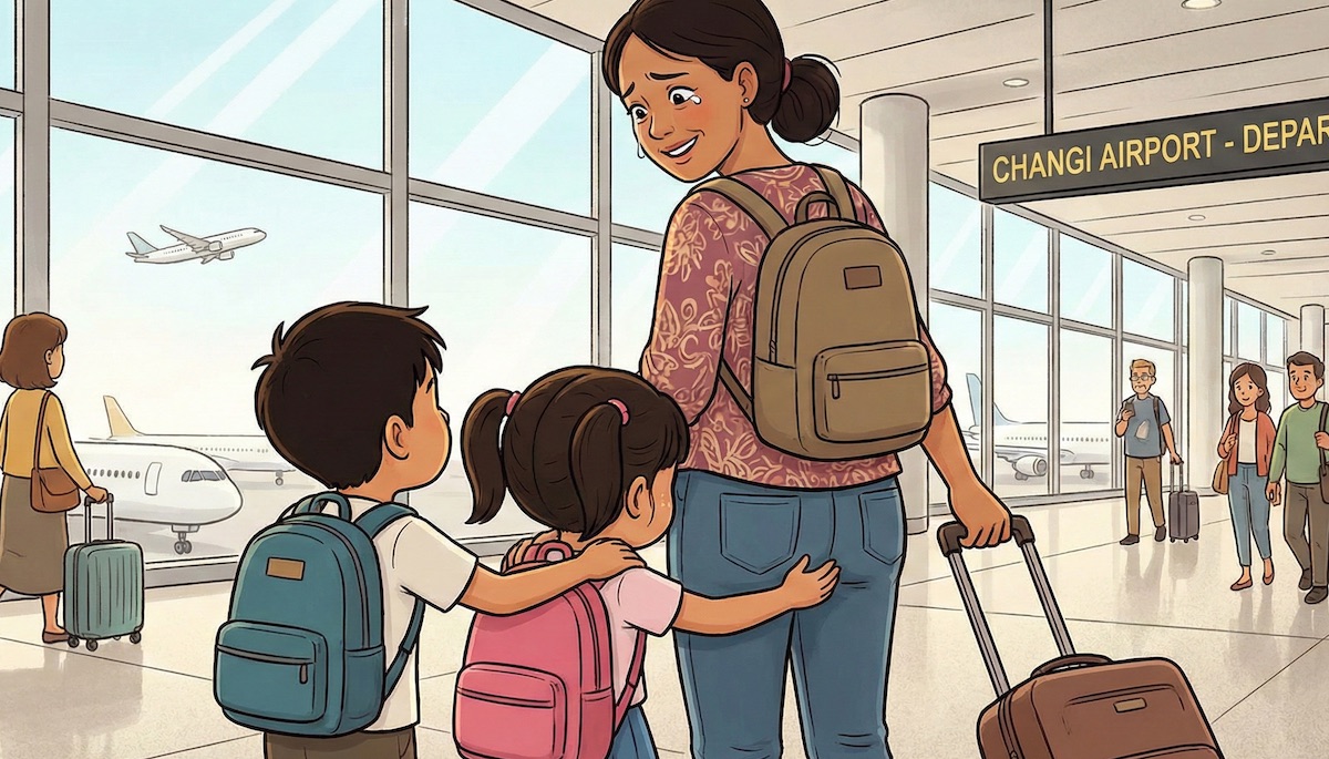 Children hugging the foreign domestic helper when she leaves at the airport