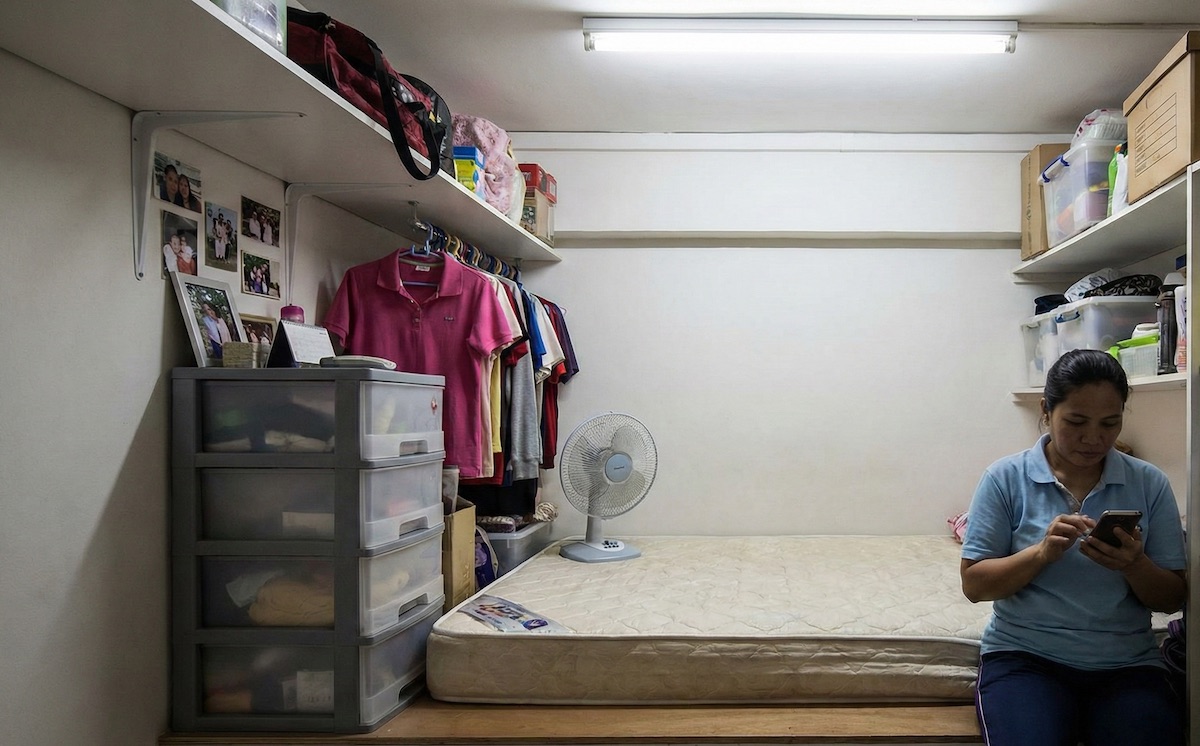 Singapore foreign domestic helpers live in small store rooms
