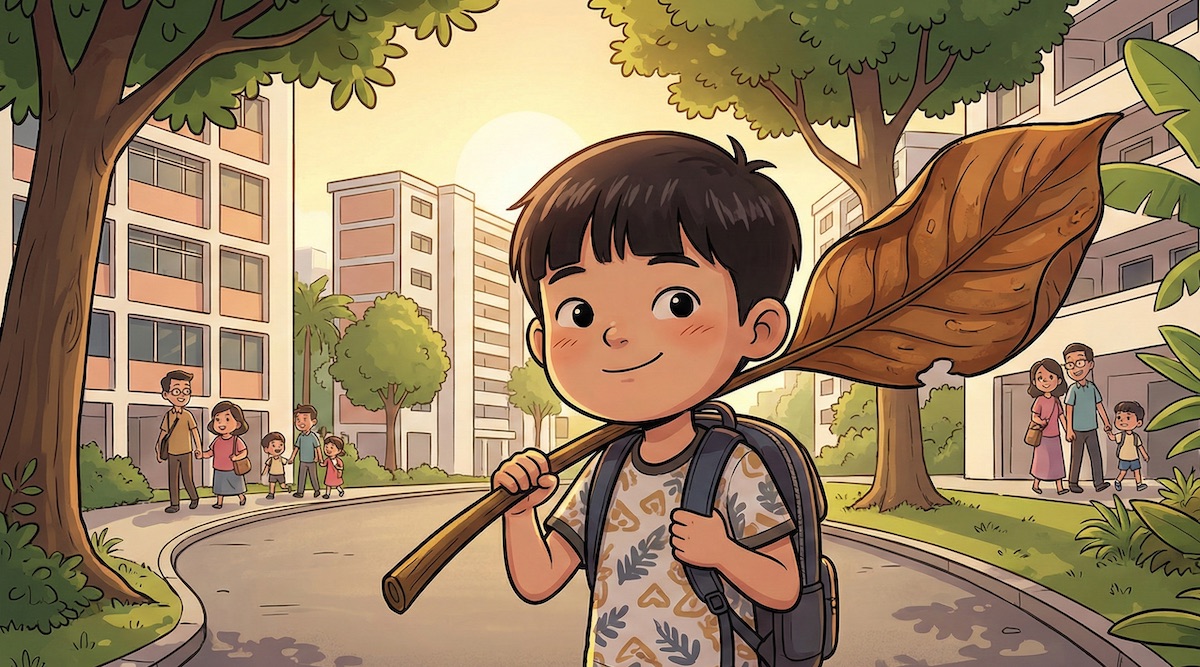 PCN - Child walking home with a large dried leave picked from the park