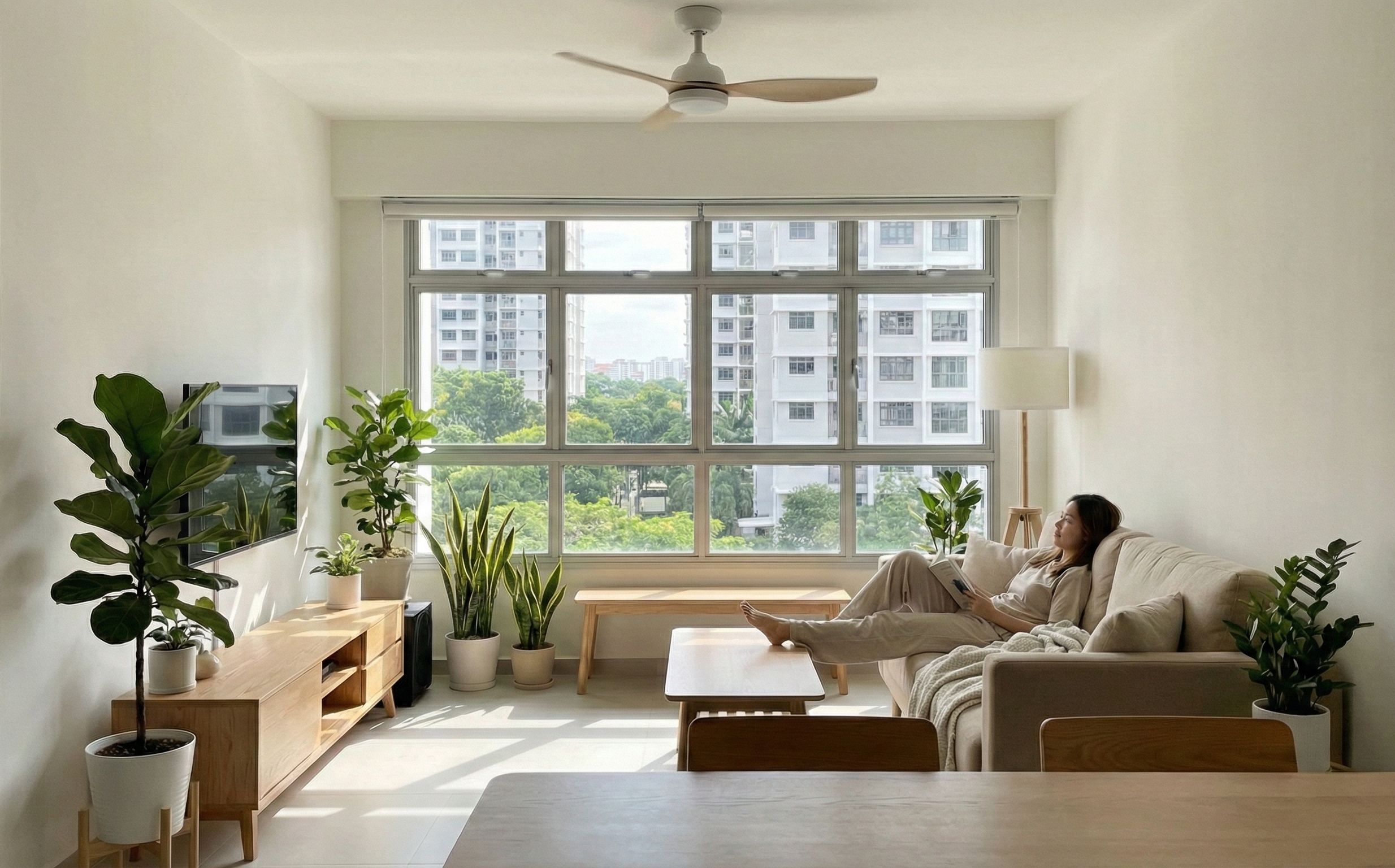 A neat Singaporean living room with natural light and plants.