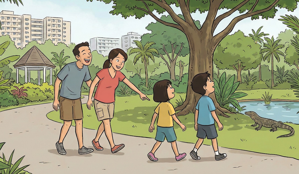 A family enjoying a quiet walk in a Singapore park