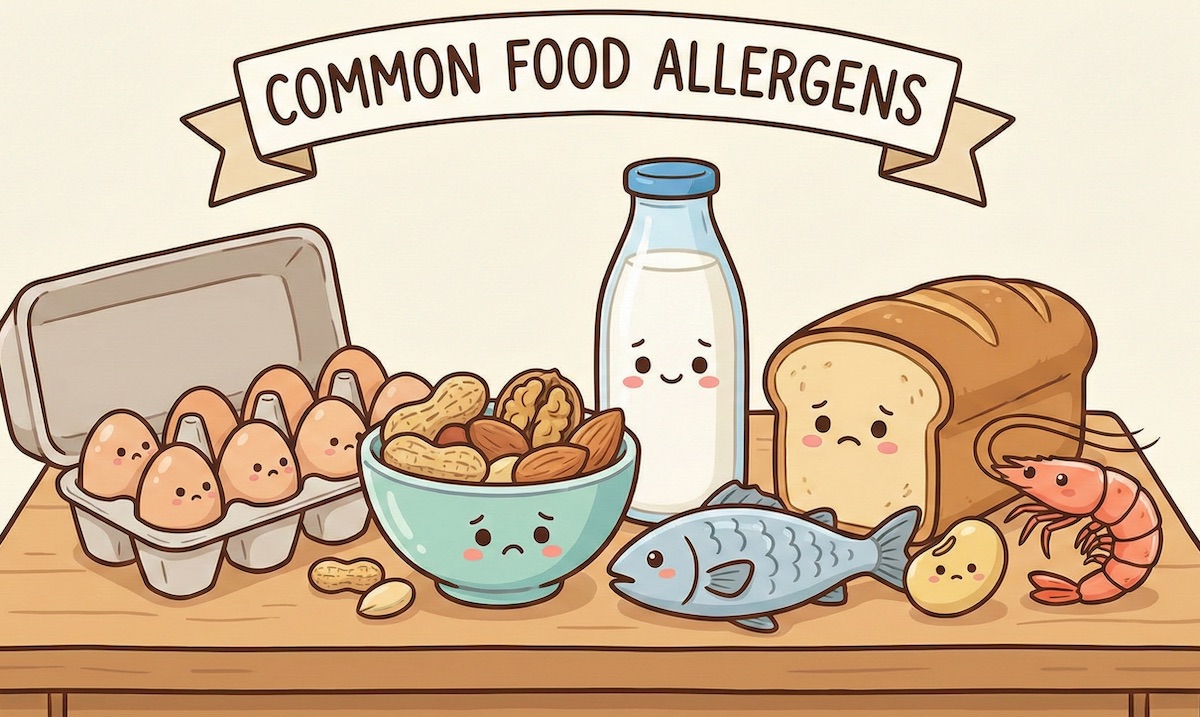 A selection of common food allergens like eggs and nuts.