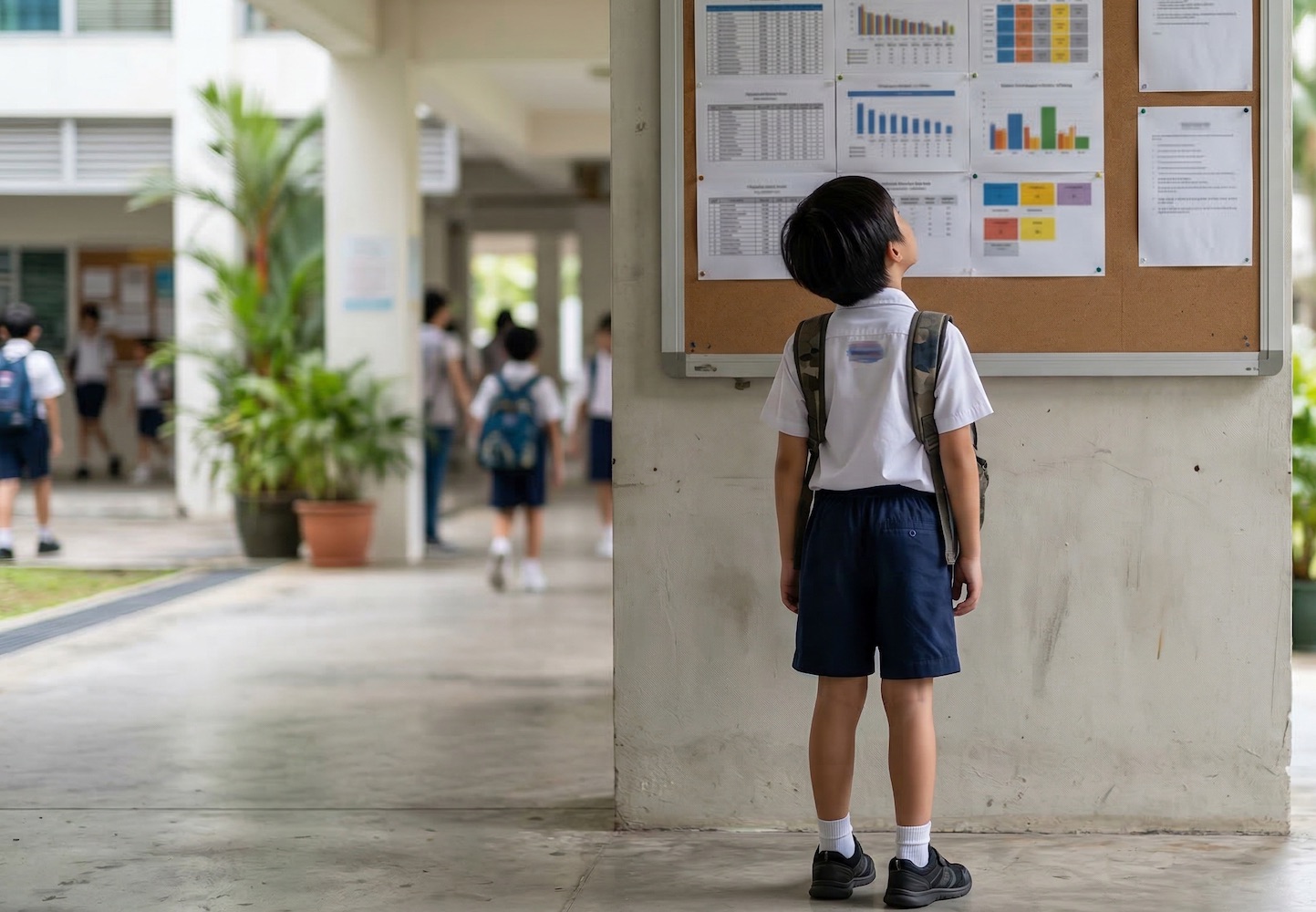 The Pressure of School Rankings A child looking at school rankings on a board