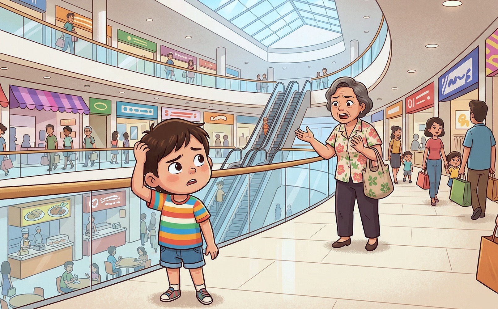 A young child looking confused while an older adult gestures in the background at a busy Singaporean mall