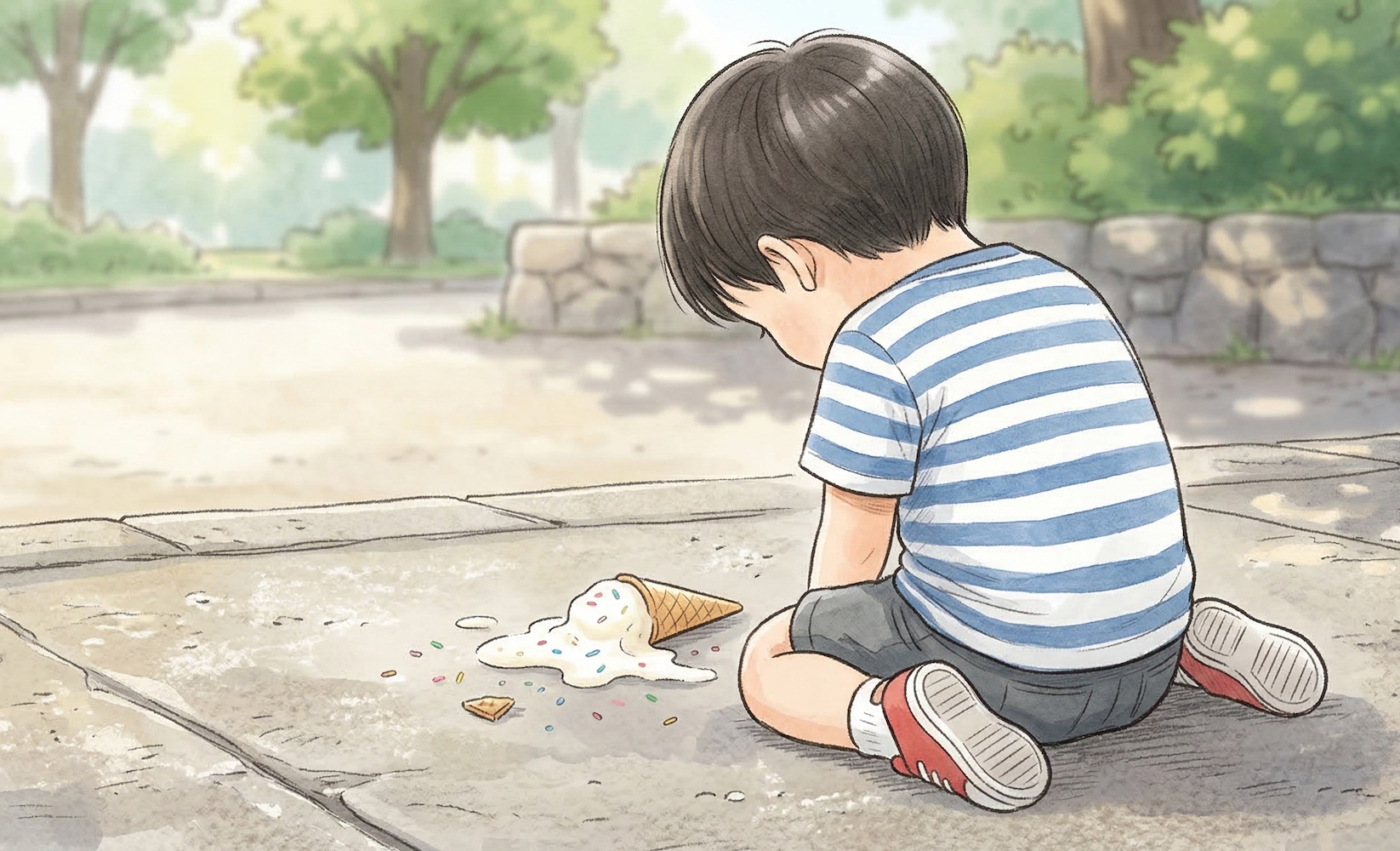 Small Loss Big Grief A young child sitting on a pavement looking sadly at a dropped ice cream cone