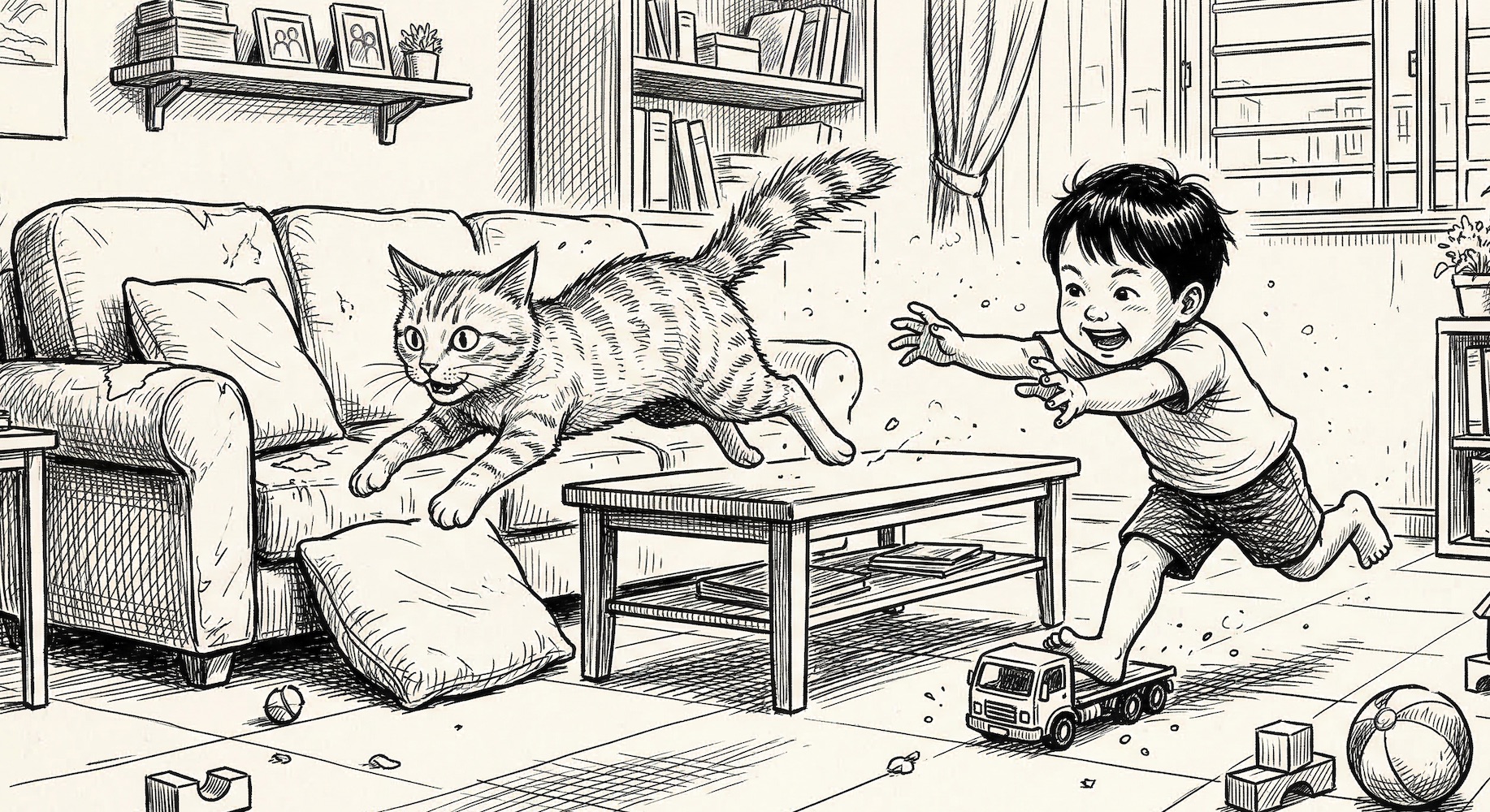 Pet Interaction Child chasing a cat at home