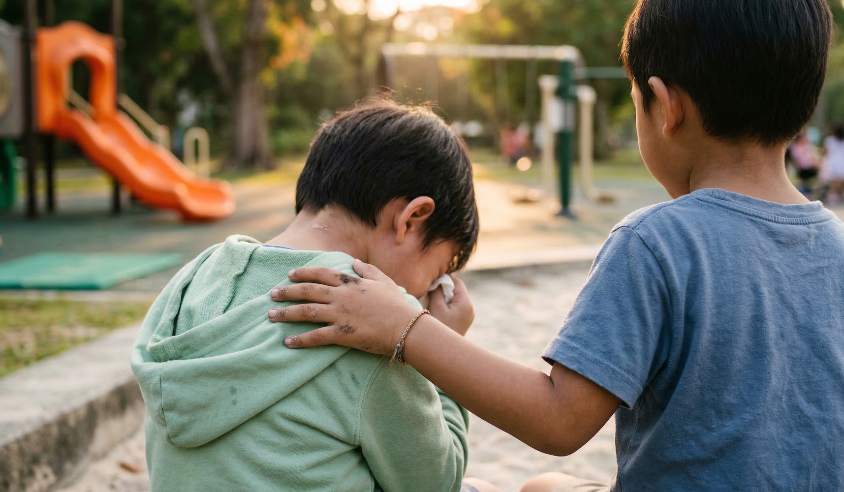 child consoling another injured child at the playground child consoling another injured child at the playground