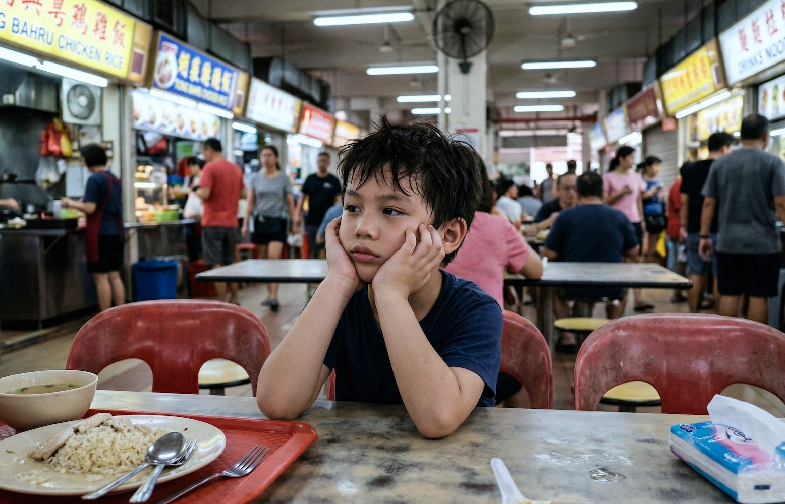 A child looking at a plate of chicken rice at a Singapore hawker centre