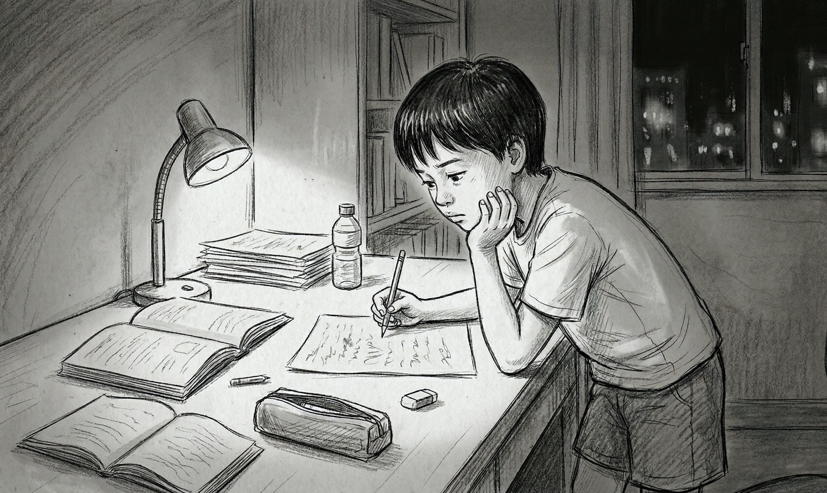 A child anxious over a Chinese spelling list during a late-night study session.
