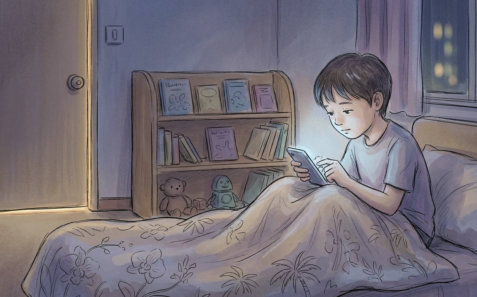 Digital Isolation child texting in bed at night