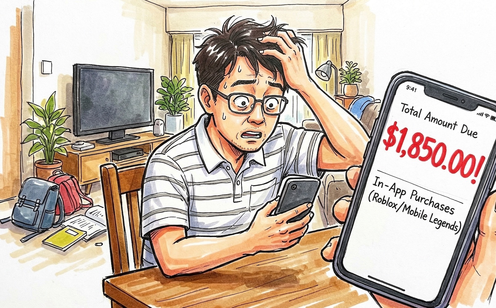 A father getting a big bill on the smart phone