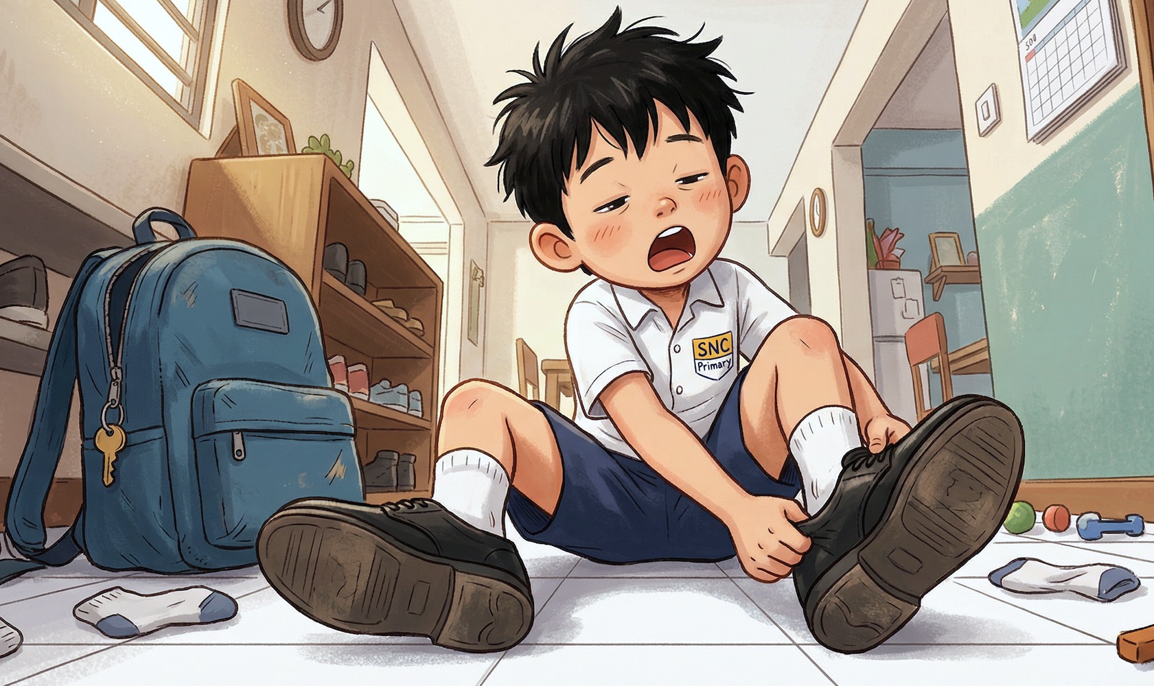 Morning School Run Struggles A tired child sitting on the floor with school shoes