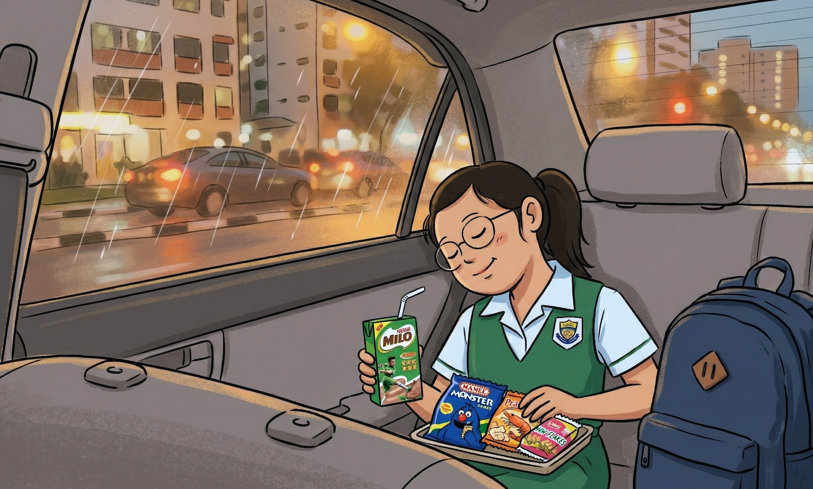 A tired Singaporean student sitting in the back of a car at night