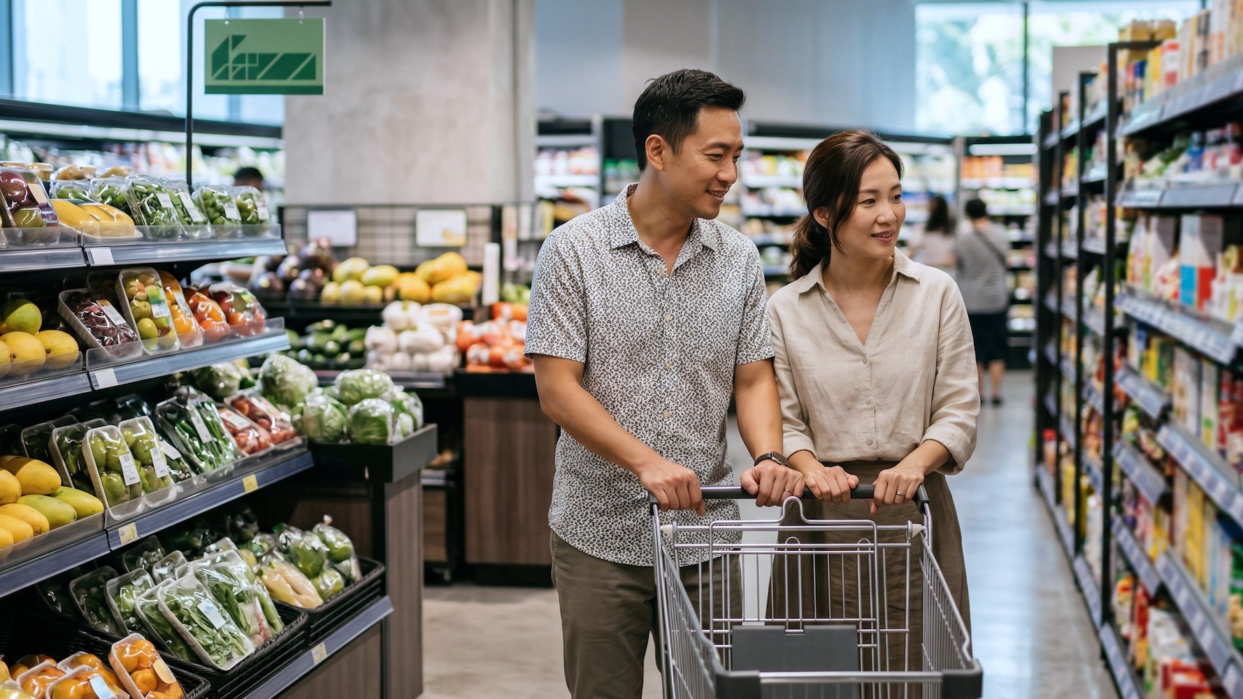 A couple spending time at the supermarket